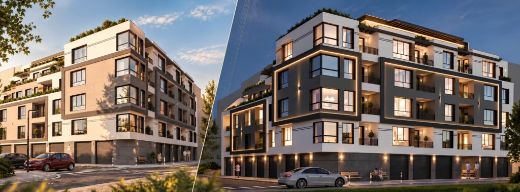 Visualisation of an A2 Estate residential building — day and evening view